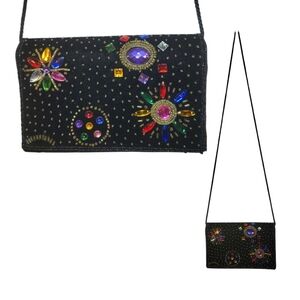 Velvet Embellished Beaded Black Evening Bag, Purse, Clutch, VGUC